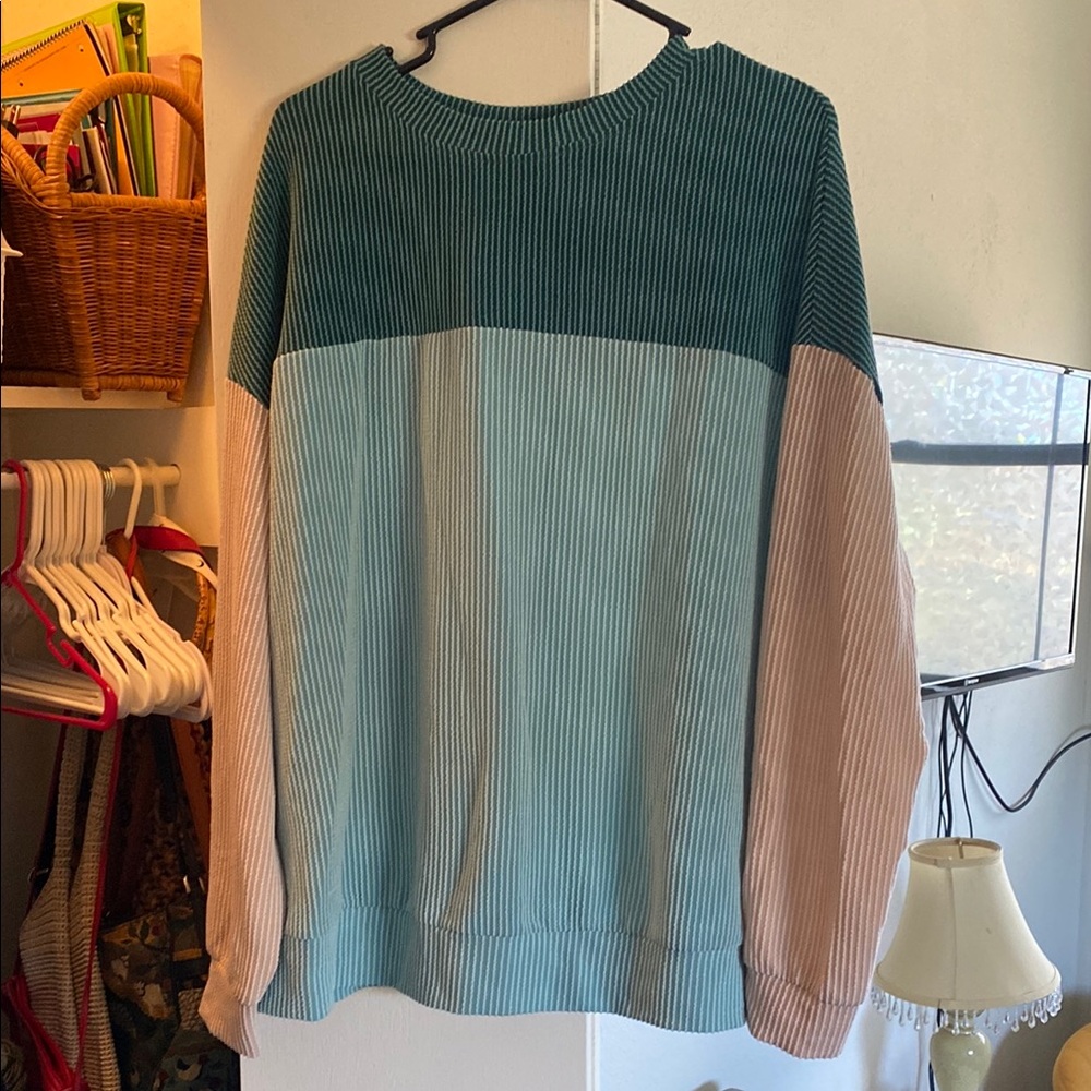 Colorblock Sweater - Teal, Light Blue, Beige